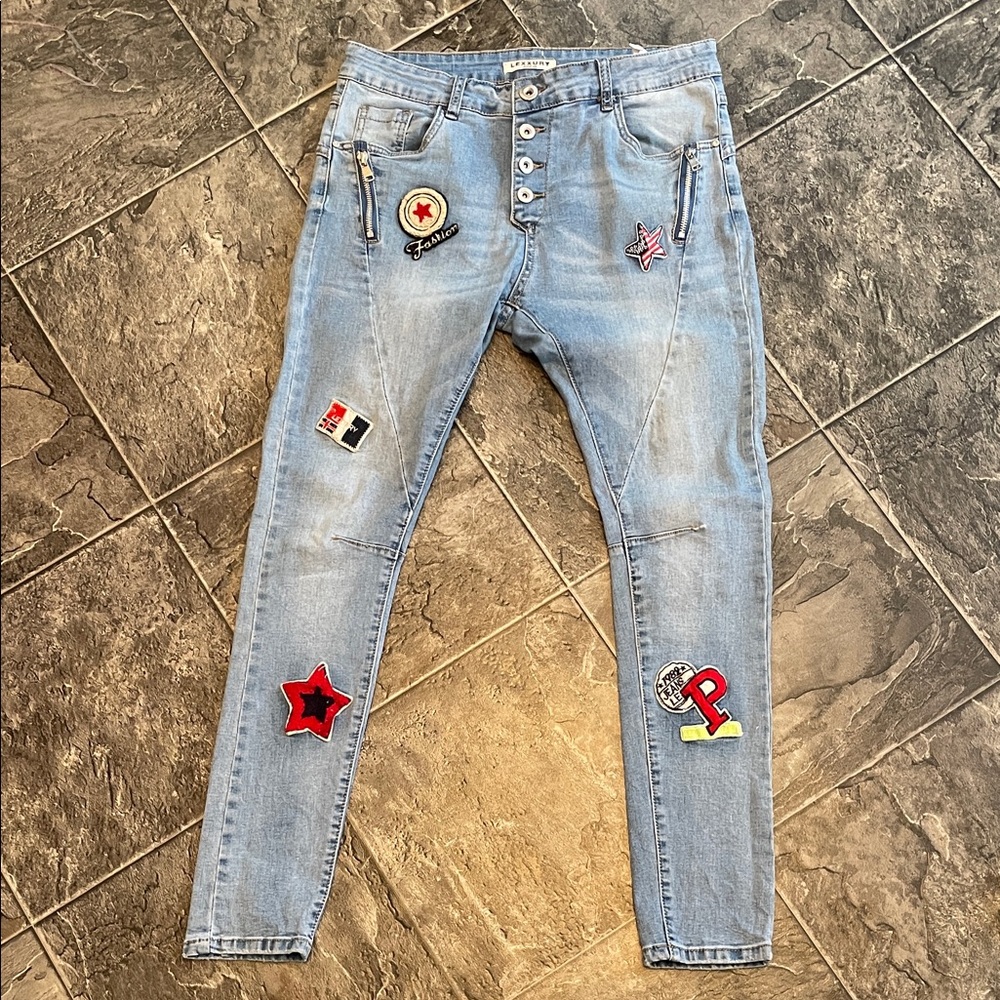 LEXXURY Patch Button-fly Skinny Urban Maximalism Grunge Streetwear Fun Jeans